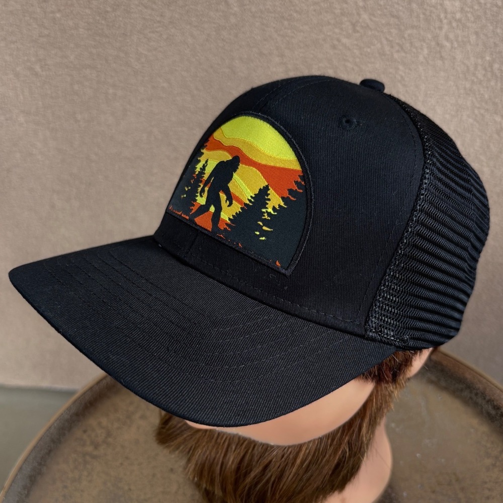 George Mens Bigfoot Sasquatch Trucker Hat Black Sunset Forest Patch Snapback